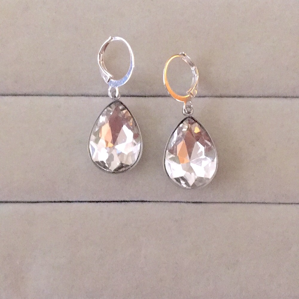 Silver + Stainless Steel Crystal Pear Drop Earrings - Picture 5 of 7